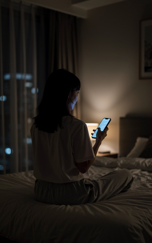 深夜に携帯を見ている女性